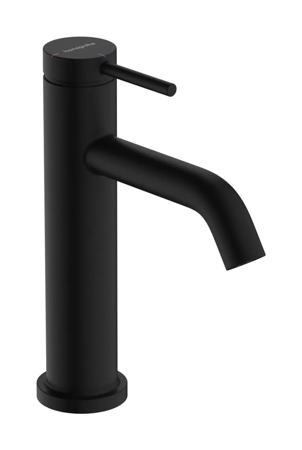Hahn mit einem langen, geraden Auslauf und einem seitlichen Bedienhebel. Das Design ist in mattschwarz gehalten. Marke: Hansgrohe.
